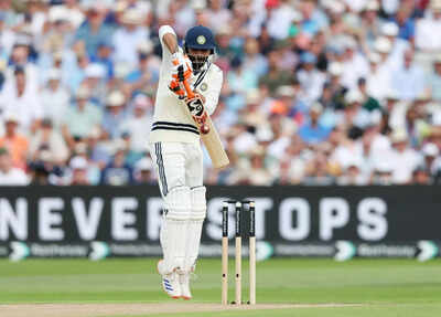 Ravindra Jadeja plays a shot against England.