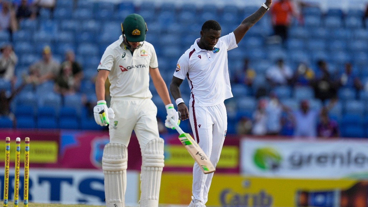 Jayden Seales celebrates a wicket